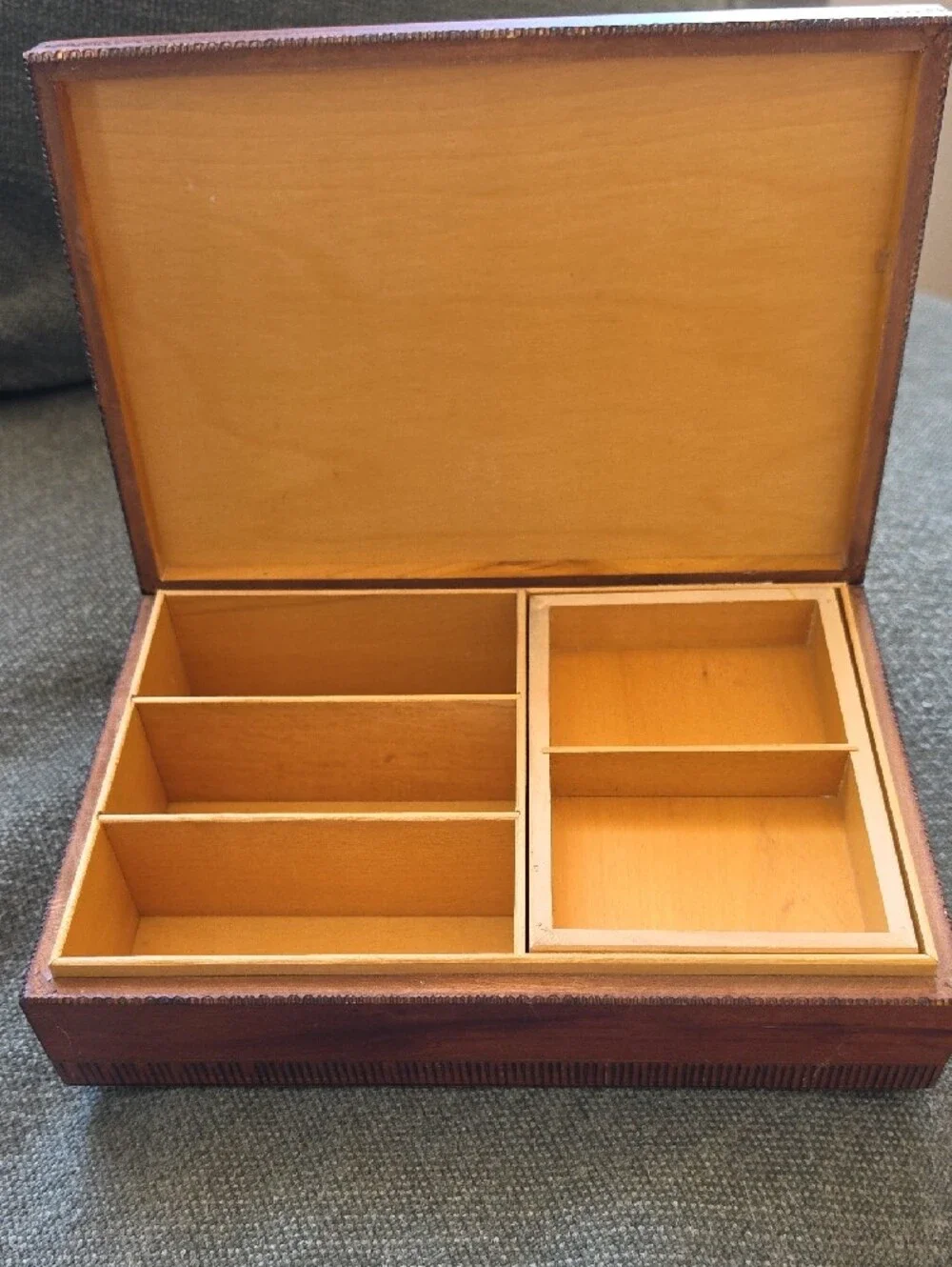 Vintage Polish Brown Wooden Trinket Box with Silk Print Insets